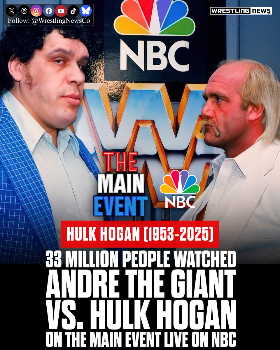 WrestlingNewsCo's tweet image. 33 million people watched Hulk Hogan vs. Andre The Giant live on NBC. Mind blowing.
