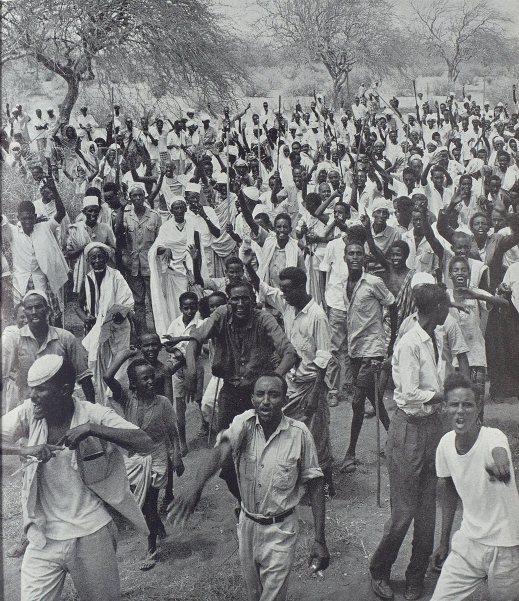 walaalwhoops's tweet image. Somali residents in Wajir, NFD, photographed holding demonstrations in support of 33 local leaders who resigned their positions in protest of London&apos;s refusal to allow the frontier territory to merge with the Somali Republic as Kenyan independence approached [1963]