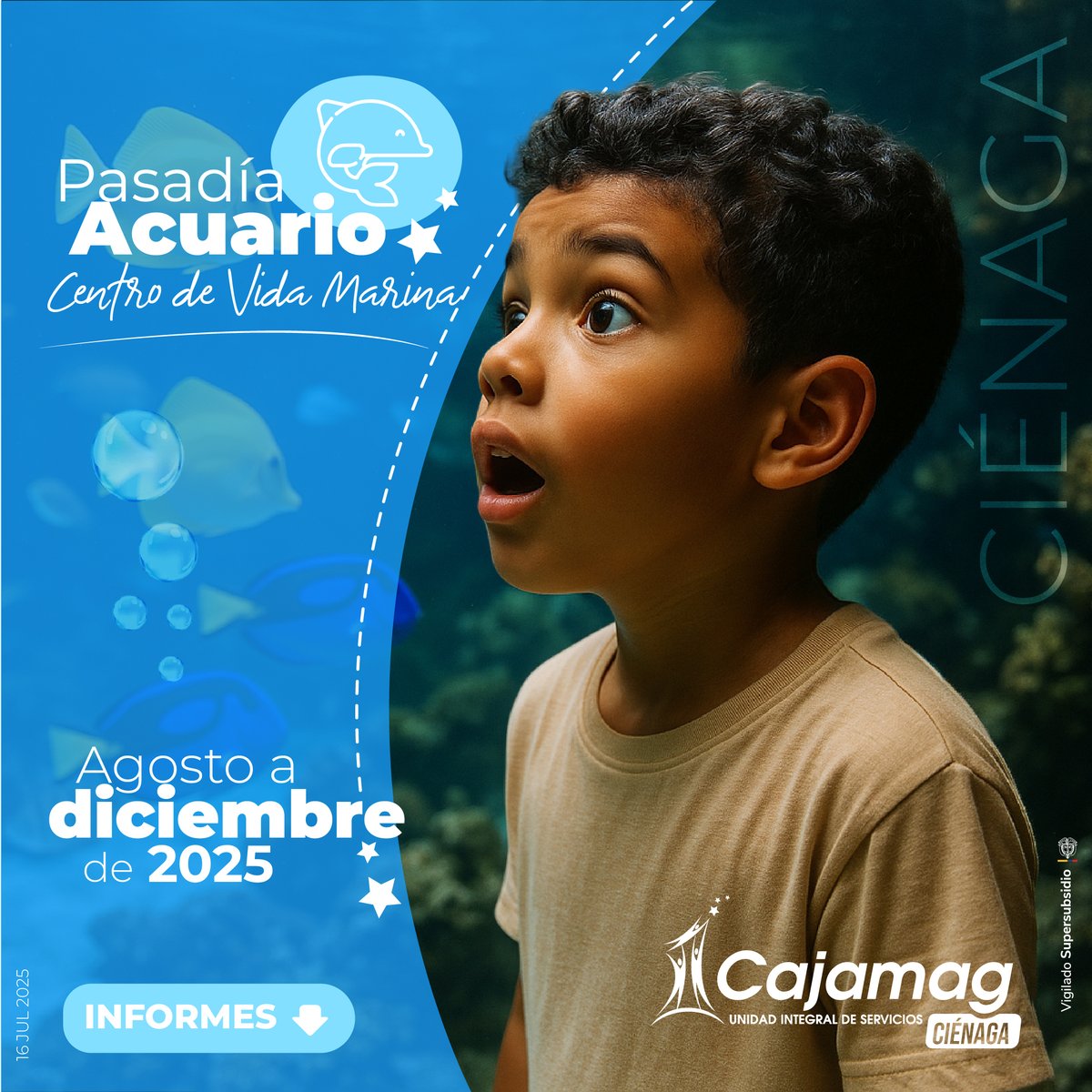 🐬 Disfruta de un inolvidable Pasadía al Acuario – Centro de Vida Marina

🕘 Horario: 9:00 a.m. a 4:00 p.m.

PAGAR ONLINE👉 cajam.ag/acuariocentrod…

💰 Tarifas desde los 3 años:
Categoría A: $88.500
Categoría B: $95.900
Categoría C: $147.600
Categoría D: $162.300