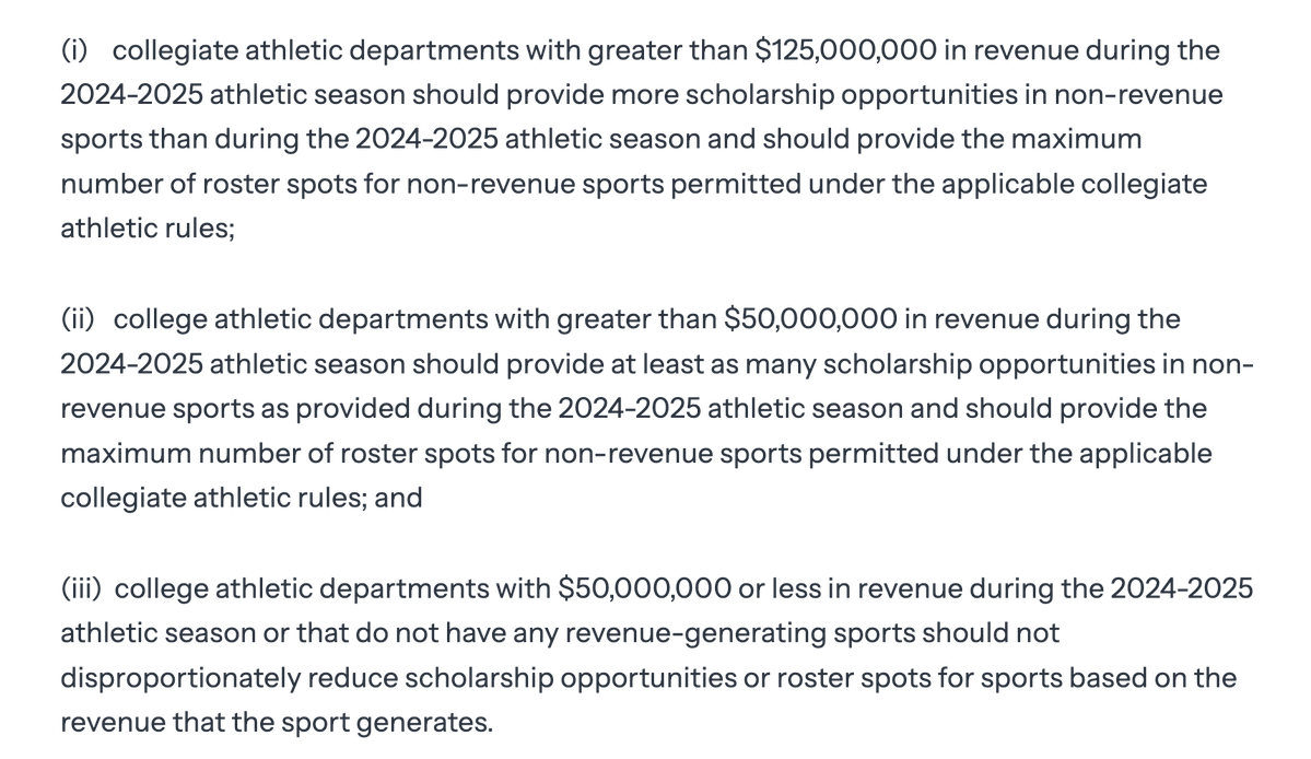 The specific order has some changes from the original draft, such as determining non-revenue sport scholarships based on athletic department revenue. 

Again, not clear what is actually enforceable.