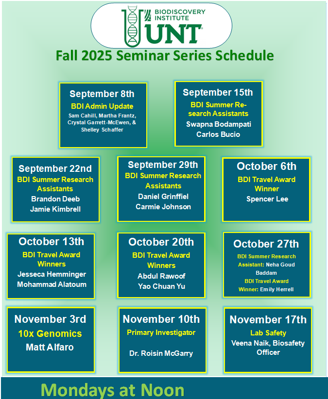 BDI_UNT's tweet image. Lights, Camera....Action! The seminar schedule is ready to go. More details to come. @UNTScience @UNTsocial @UNTChemistry @UNTResearch @UNTclass