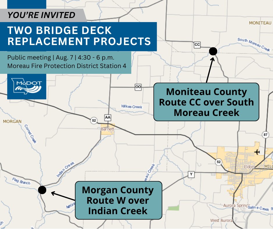 MoDOT_Central's tweet image. Your input is needed on plans to rehabilitate two bridges:
- Morgan County Route W bridge over Indian Creek.
- Moniteau County Route CC bridge over South Moreau Creek.
Join us:
🕟Aug. 7 from 4:30 to 6 p.m.
📍Moreau Fire Protection District Station 4.
modot.org/node/72960