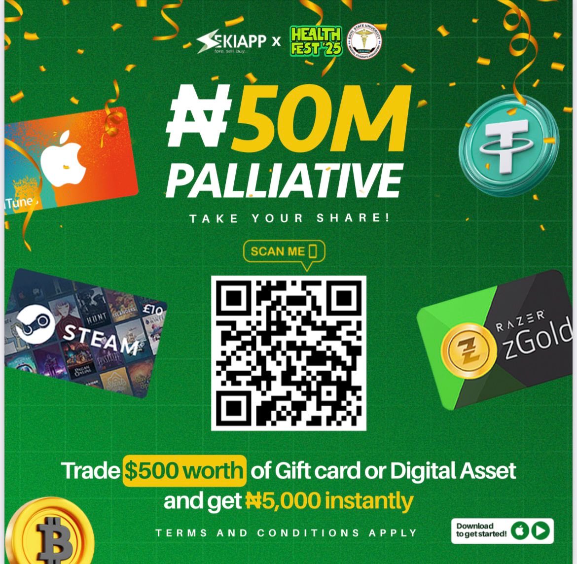 _iamwuraola's tweet image. 🎉 ₦50 MILLION PALLIATIVE FOR YOU?! 🤑💚
Yup, you heard right!
EKSUMSA x SEKIAPP are coming through with major palliative energy for HEALTH FEST ’25! 🚀
Whether you’re trading:
🎮 Steam
🍏 iTunes
💳 Gift Cards
🪙 Bitcoin, Tether, or even Razer Gold…
Don’t miss out tomorrow!