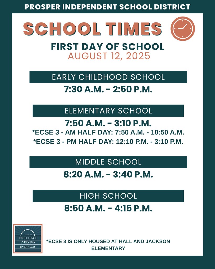 ProsperISD's tweet image. π NEW SCHOOL TIMES ALERT! π
The 2025-26 school year brings updated start and end times for our campuses!
β° Mark your calendars and start adjusting those morning routines π
First Day of School: August 12, 2025 π« Check your campus-specific times and get ready to start strong!