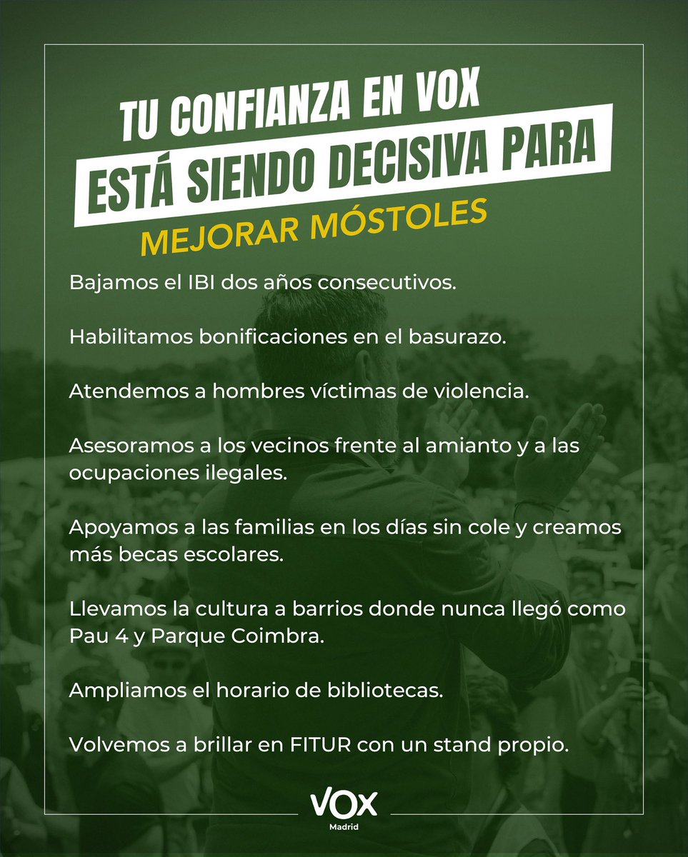 🟢 En VOX Móstoles cumplimos con hechos, no con eslóganes.

✅ Aquí van algunos logros de nuestros 2 años en el gobierno municipal: 👇