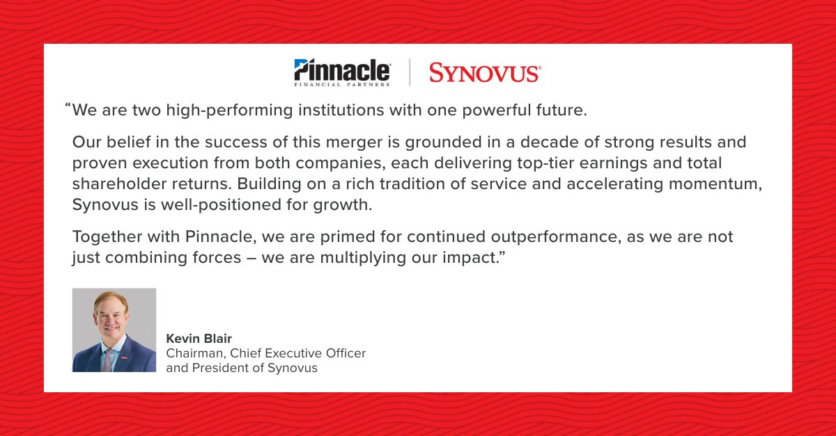 We’re creating greater opportunities to win with clients and in our communities. Synovus joins forces with Pinnacle in a true merger, forming the 5th largest Southeast-based bank in the U.S., unlocking potential and cementing our commitments to excellence. bit.ly/3ILcrPg
