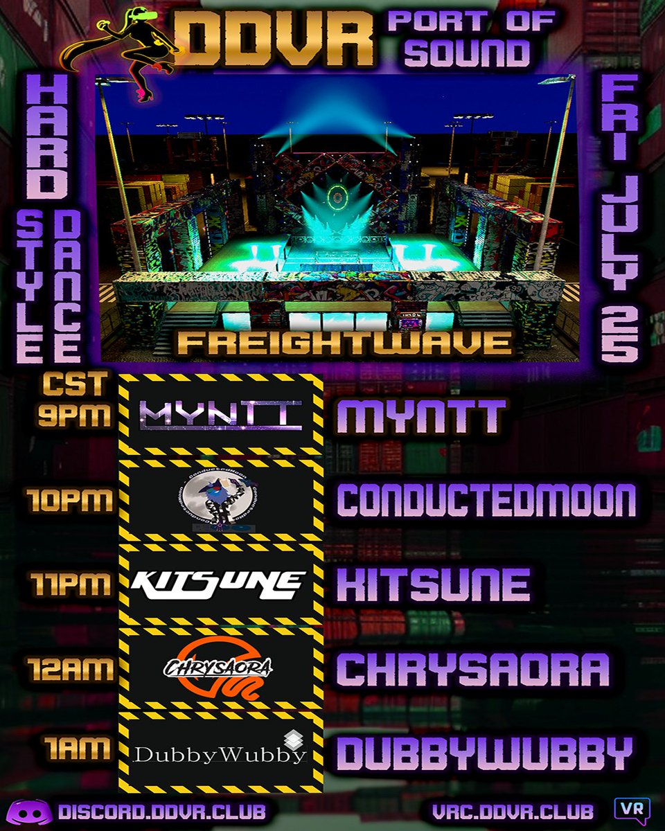 DanceDanceVR (@club_ddvr) on Twitter photo DDVR Freightwave
Hardstyle / Hard Dance Event
@ Updated Port Of Sound
Friday, July 25th
<a href="/MynttieCassie/">Cassie | Mynttie🌸*:・゚</a>
<a href="/ConductedMooon/">ConductedMoon 🔞</a>
@ Kitsune
<a href="/DjChrysaora/">Chrysaora | Endie</a>
<a href="/DubbyWubby_/">DubbyWubby</a>
Put on your hard hats cause we're gonna get heavy
Doors open at 9PM CST
#vrchat #VRChat vrc.ddvr.club DDVR Freightwave
Hardstyle / Hard Dance Event
@ Updated Port Of Sound
Friday, July 25th
<a href="/MynttieCassie/">Cassie | Mynttie🌸*:・゚</a>
<a href="/ConductedMooon/">ConductedMoon 🔞</a>
@ Kitsune
<a href="/DjChrysaora/">Chrysaora | Endie</a>
<a href="/DubbyWubby_/">DubbyWubby</a>
Put on your hard hats cause we're gonna get heavy
Doors open at 9PM CST
#vrchat #VRChat vrc.ddvr.club
