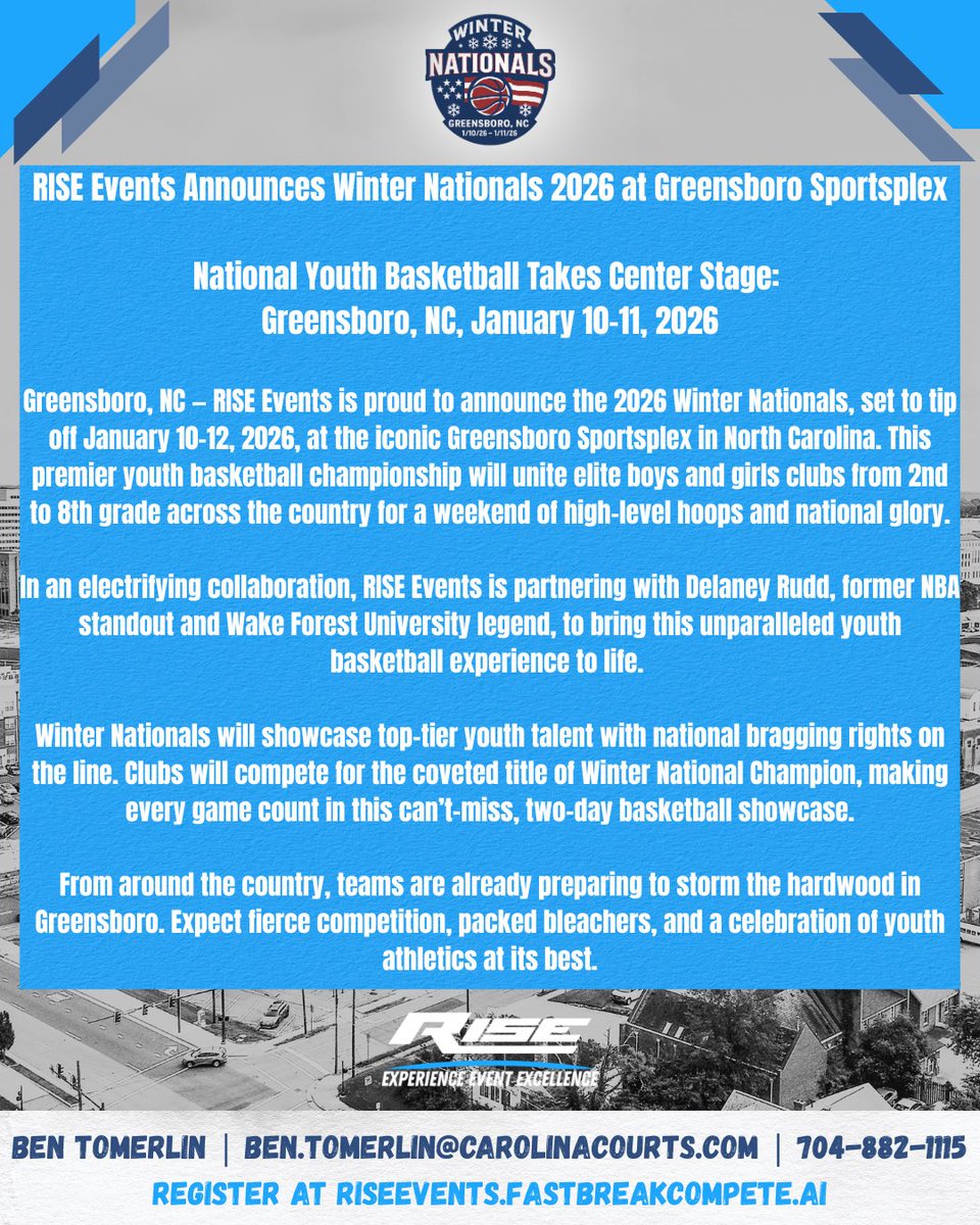 🚨 MAJOR ANNOUNCEMENT 🚨 

Winter Nationals Coming To Greensboro, NC ❄️

January 10th-11th, 2026 📆
Boys &amp; Girls 2nd-10th Grade 💯
Greensboro Sportsplex 📍
Custom Awards Package 🥇
$245/Team (Multi-Team Discounts) 💰

SAVE THE DATE ‼️ 

January 10th-11th, 2026 📆

#RISEEvents
