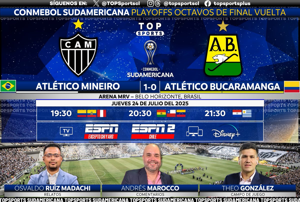 TOPSportscl's tweet image. CONMEBOL #Sudamericana 🏆 Play-offs de Octavos de Final Vuelta
🇧🇷 #AtléticoMineiro - #AtléticoBucaramanga 🇨🇴
🎙️ @ruizmadachi92
🗣️ @andresmarocco
🏟️ @Theo_Gonzalez
#⃣ #SUDAMERICANAxESPN #DisneyPlus
🖥️ ESPN 2 🇨🇱
🖥️ ESPN Sudamérica ❌🇨🇱🇦🇷
📱💻 @disneyplusla ❌🇦🇷
🔃❤️
