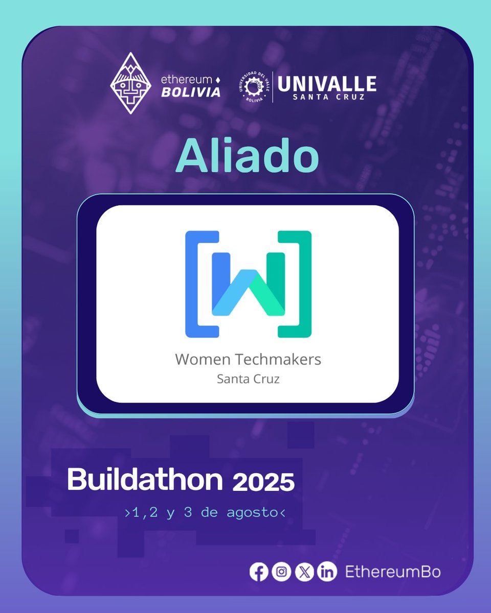 EthereumBo's tweet image. ¡Nos llena de orgullo contar con @wtmsantacruzbo como aliado en la Buildathon 2025!
#EthereumBolivia #WomenTechmakersSCZ #ComunidadesAliadas #BuildathonEthBo2025 #MujeresEnTecnología