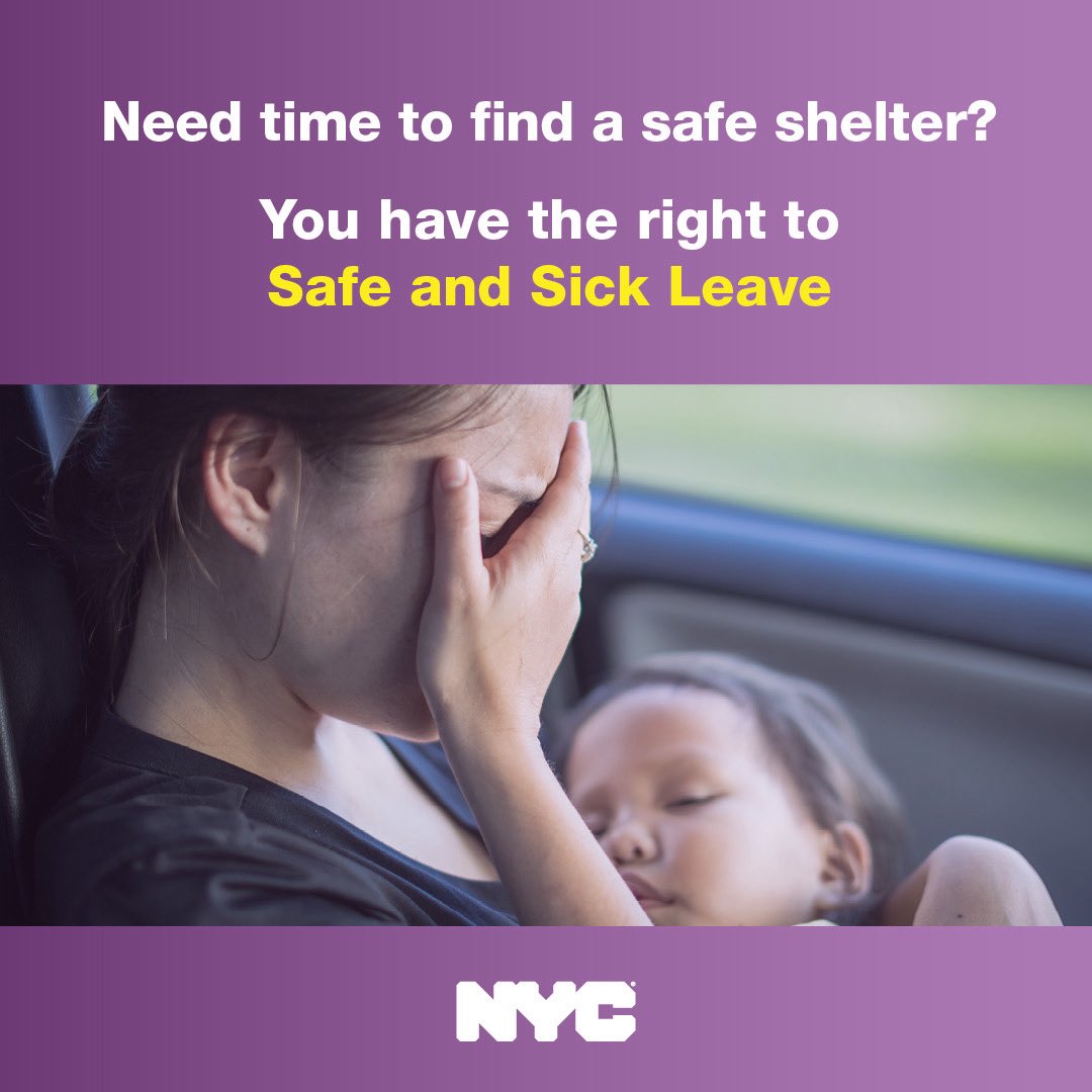 helloDCWP's tweet image. Reminder: You have the right to Safe and Sick Leave.
#SafeLeave gives domestic violence survivors in NYC the opportunity to take the time they need to stabilize their lives without worrying about losing their job.
Know your rights: nyc.gov/workers