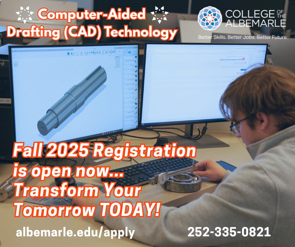 COA's Computer-Aided Drafting (CAD) Program applications are open!
🐬🖥️
Fall 2025 registration is open...Apply here ➡️ albemarle.edu/apply-register/. To learn more about the Computer-Aided Drafting Program, visit albemarle.edu/cadt.

#BetterSkillsBetterJobs #TransformYourTomorrow