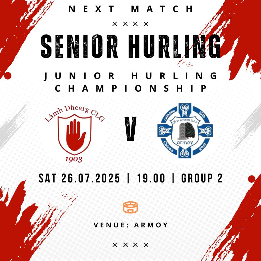 Good luck to our Senior hurlers and management as they commence their Championship group stages games  with away game to Glen Rovers in Armoy on Saturday Night at 7.30 Hoping to see a good turnout positively supporting the team.