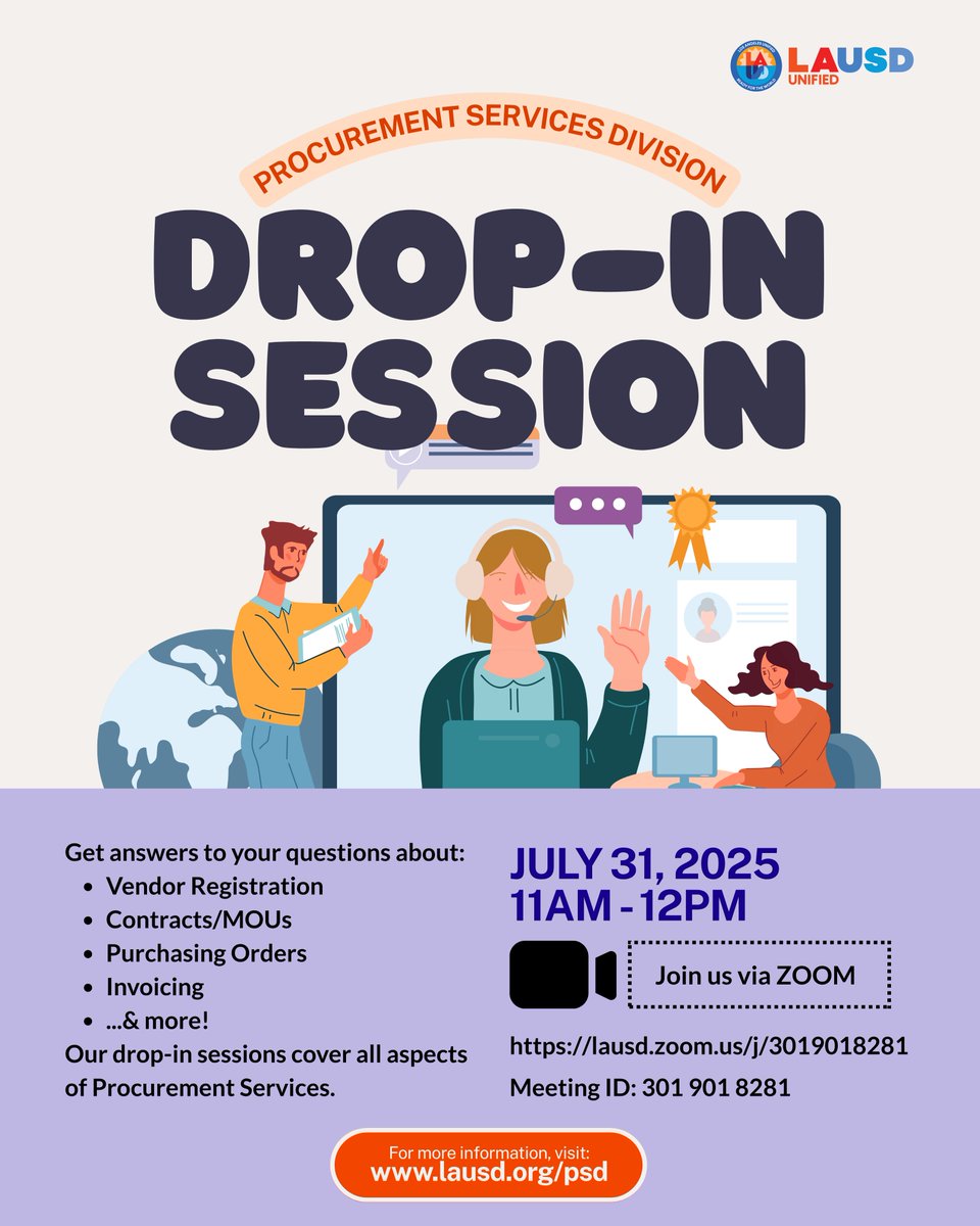 LAUSDpsd's tweet photo. 🛠️ Got procurement questions? 

We’ve got answers!
Join our Drop-In Session on July 31 @ 11AM (PT) via Zoom.

Ask about vendor registration, contracts, POs, invoicing &amp; more!

🔗 https://t.co/jTomVNLEpU
📅 Last Thursday of every month
#Procurement #LAUSD #DropInSession #Support https://t.co/59pGKgTCoS