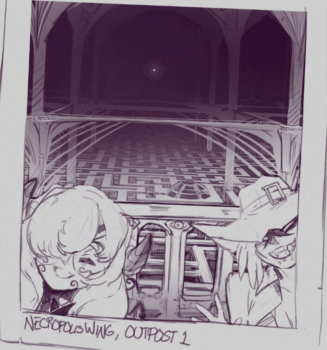 Hey Everyone! Made it all the way to the necropolis wing, found the book, and am heading back! Found the Tracker camping out outpost 1, so took a cheeky lil picture! Be back soon! #Envtuber #LorileiArt