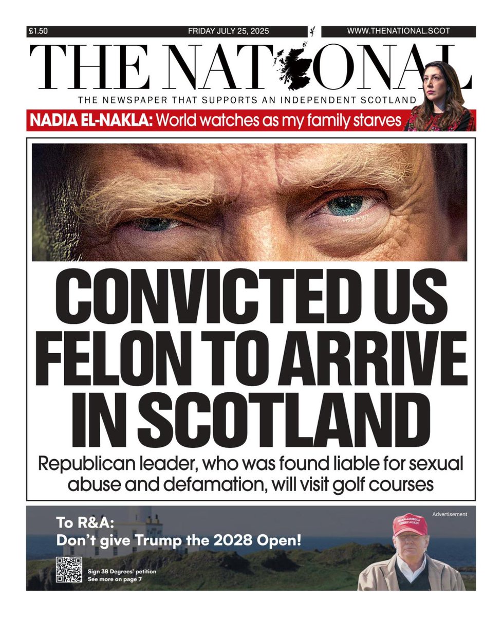 Tomorrow's front page📰

Convicted US felon to arrive in Scotland