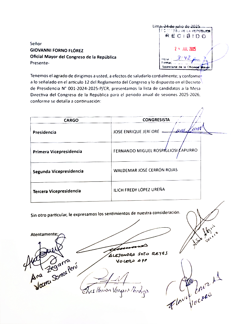congresoperu's tweet image. #CongresoInforma | Se presenta la primera lista de candidatos a la Mesa Directiva del Congreso de la República para el Período Anual de Sesiones 2025-2026, firmada por los voceros de cinco grupos parlamentarios.