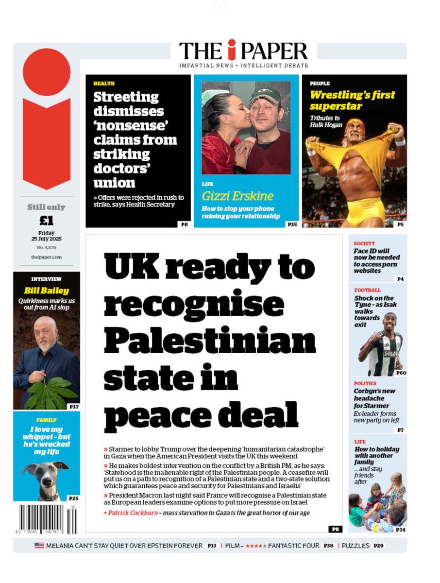 sentinelcurrent's tweet image. #TomorrowsPapersToday - The i Paper
UK ready to recognise Palestinian state in peace deal. Starmer condemns 'humanitarian catastrophe' in Gaza.
theipaper.com
