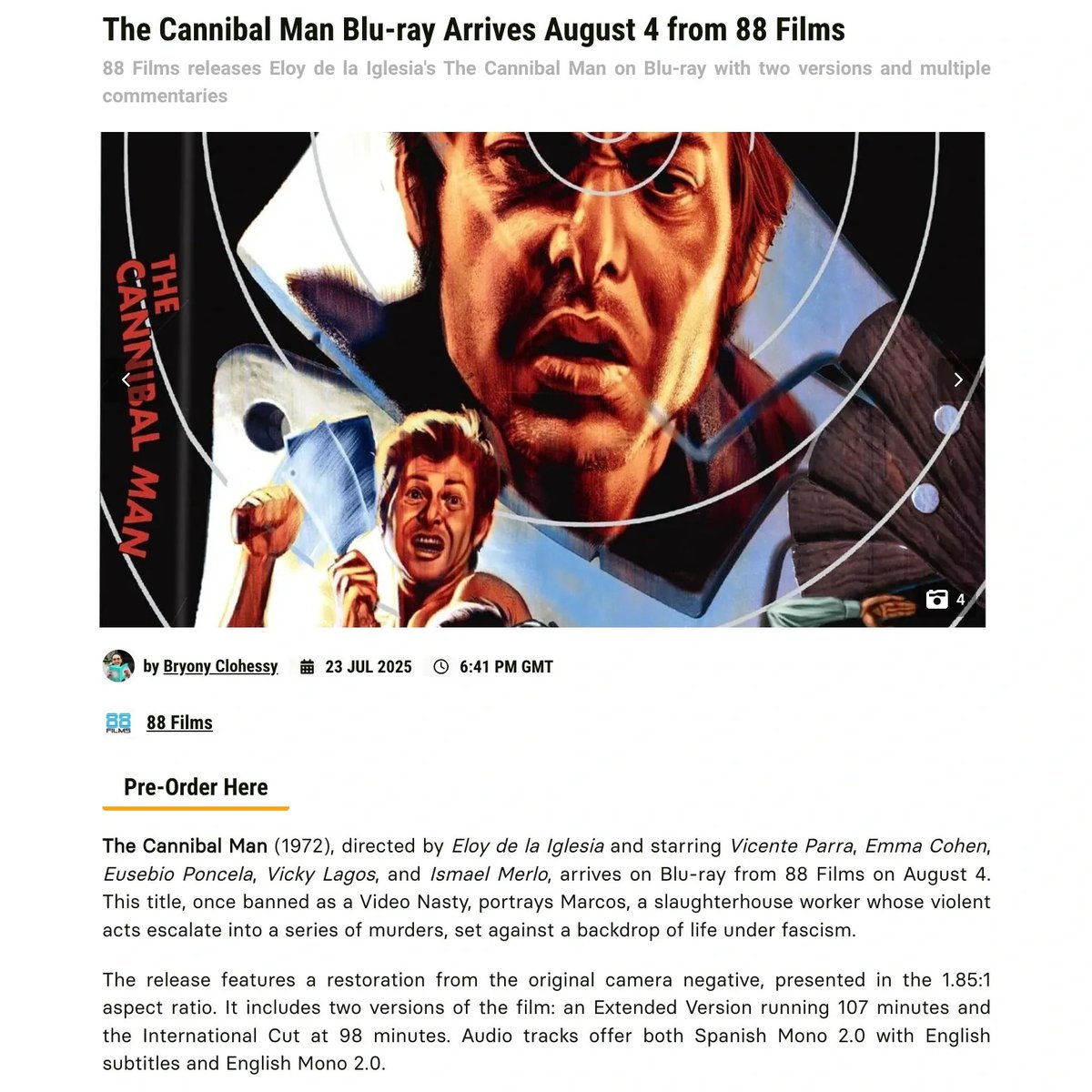 mightychroma's tweet image. 🎬 "The Cannibal Man" makes its way to Blu-ray August 4, courtesy of @88_Films! 🪓
Enjoy 2 restored versions of the cult classic with extras like:
"A Bloody History, Viewing Horror Under Dictatorships" "Digesting Cannibal Man"📽
Preorder!
bit.ly/45jzJED…