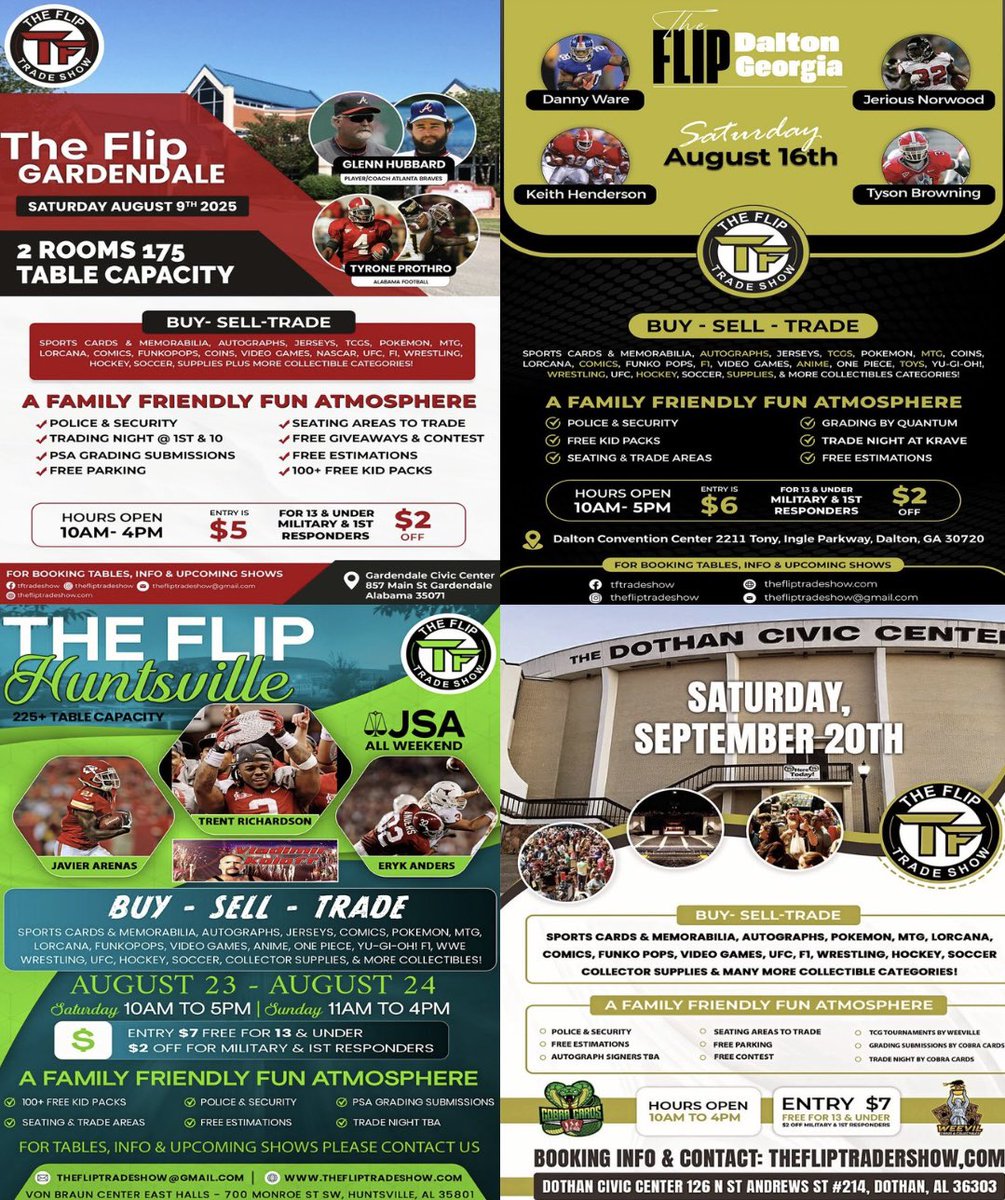 FlipTradeShow's tweet image. Gardendale less than 25 tables left
Dalton less than 60 tables left
Huntsville less than 60 tables left
Dothan 40% soldout
If You or Know Someone that would like to become a vendor at our next show!
Please Email US
Email- TheFlipTradeShow@Gmail.com