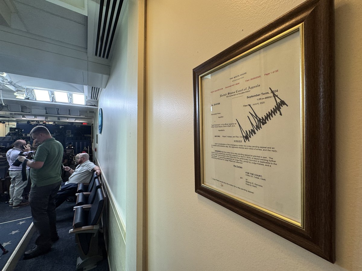 PenguinSix's tweet image. The White House has added a @potus signed copy of the court decision allowing the barring the Associated Press from the press pool to the walls of the White House press gallery.