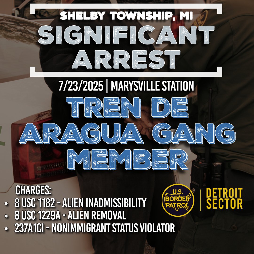 USBPChiefDTM's tweet image. On Wednesday, Marysville Station agents, with law enforcement partners, arrested a Tren de Aragua gang member and two other illegal aliens from Venezuela during a traffic stop in Shelby Township.  The gang member has a history of immigration and criminal arrests and is wanted on…