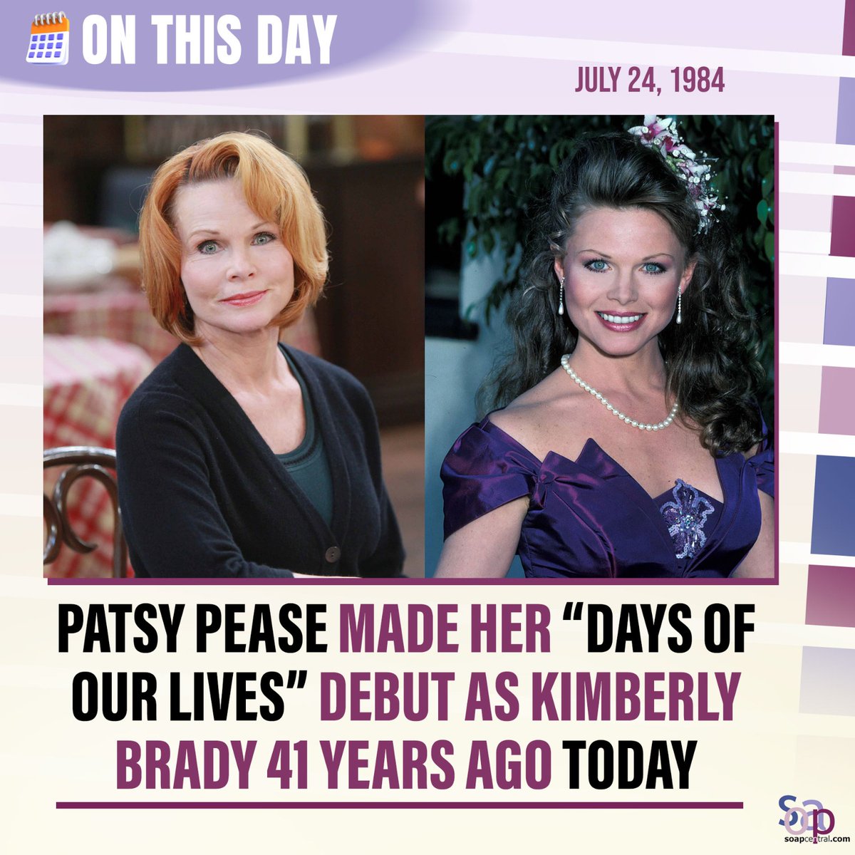 soapcentral's tweet image. On This Day: Patsy Pease stepped into the role of Kimberly Brady on Days of Our Lives 41 years ago — July 24, 1984.
A true fan favorite from the start!