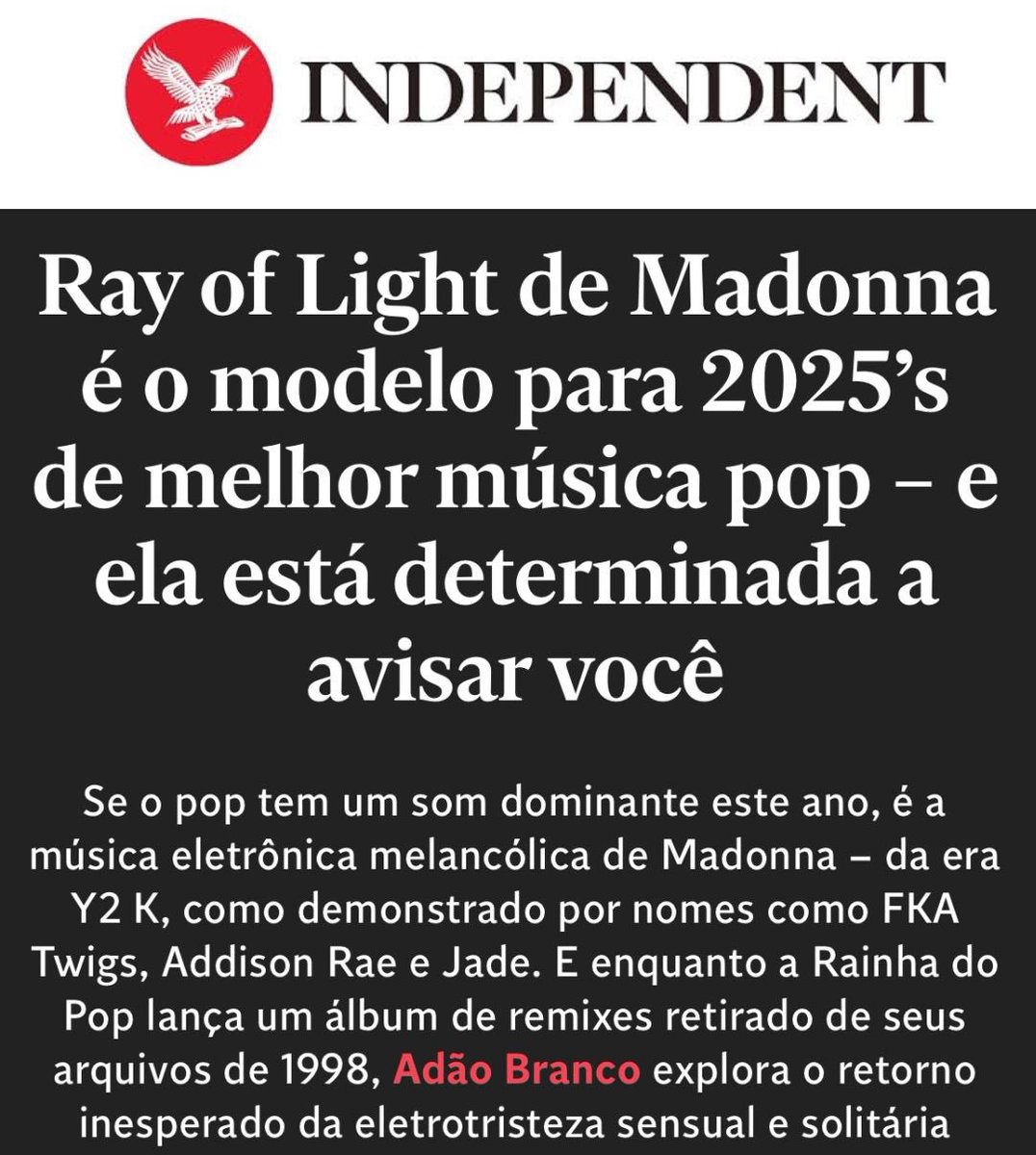 infoaddisonrbr's tweet image. O The Independent, em nova matéria, diz que Ray of Light, de Madonna, domina o pop em 2025 e que Addison Rae é parte disso:
“Madonna é, de certa forma, toda a música pop. Addison, de Addison Rae, funde ganchos pop com uma escuridão ambiente fria, como Madonna fez em Ray of…