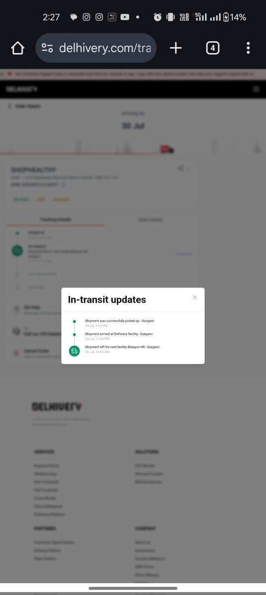 AkashSourabh's tweet photo. Hi @delhivery Team, I want to know if this is a scam.

So basically today I received a message from Delhivery that my order was not delivered but when I went and tracked it I saw that order is still in transit and still in Gurgaon where as it has to be delivered to Bangalore. https://t.co/boCW7JngYK