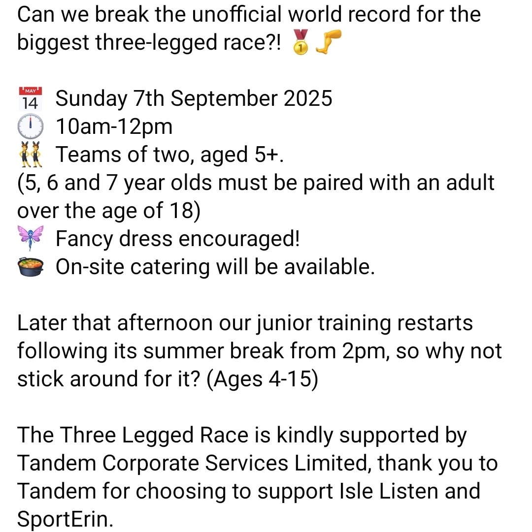 Southern Nomads SportErin are excited to announce in collaboration with Isle Listen &amp; with the kind support of Tandem Corporate Services Limited, a family-friendly Three-Legged Race!

Register for the Three-Legged Race here, we promise you'll have fun! 👉 islelisten.im/three-legged-r…