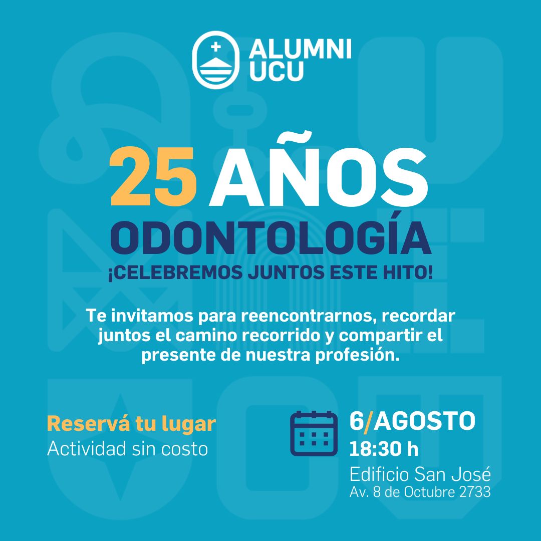 #Odontología ¡25 años, se celebran! El nuevo edificio San José será el lugar de reencuentro de #profesores, #AlumniUCU y todos quienes forman parte de esta historia.

📅 6/AGOSTO - 18:30 h - Av. 8 de Octubre 2733
👉 Reservá tu lugar: forms.office.com/r/FGUx30cfe0

<a href="/UCUoficial/">Universidad Católica</a>