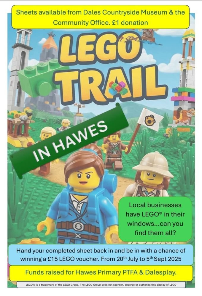 LibraryHawes's tweet image. If you are looking for something to do in the holidays why not have a go at the lego trail in Hawes. The trail is available @LibraryHawes all proceeds go to Hawes Primary PTFA & Dalesplay. £1 donation.