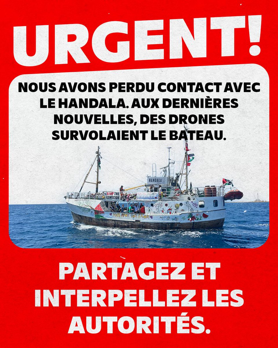 GaetanEscorbiac's tweet image. 🔴 Alerte : Le contact est perdu avec le Handala en route vers Gaza alors que des drones survolent le bateau.