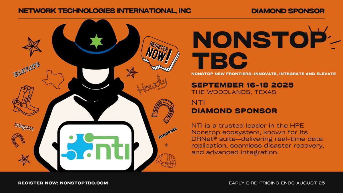 Connect_WW's tweet image. We’re proud to announce NTI as a Diamond Sponsor of the 2025 Nonstop TBC in Houston! @NtiDrnet solutions power #DataReplication, integration & #BusinessContinuity across mission-critical #HPE Nonstop environments. NonstopTBC.com #NonstopTBC25 #NonstopTBC