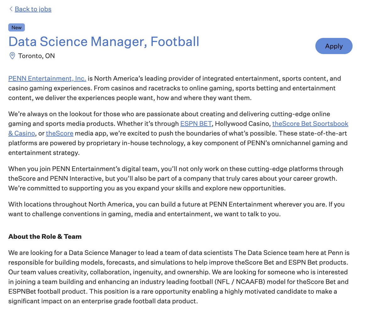 PENN entertainment is looking for a football data science manager

apply here: job-boards.greenhouse.io/scoremediaandg…