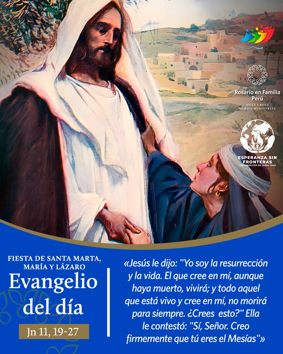 📖#EvangelioDeHoy ✝️ Jn 11,19-27
«Jesús le dijo: "Yo soy la resurrección y la vida. El que cree en mí, aunque haya muerto, vivirá; y todo aquel que está vivo y cree en mí, no morirá para siempre. ¿Crees  esto?" Ella le contestó: "Sí, Señor. Creo firmemente que tú eres el Mesías"»