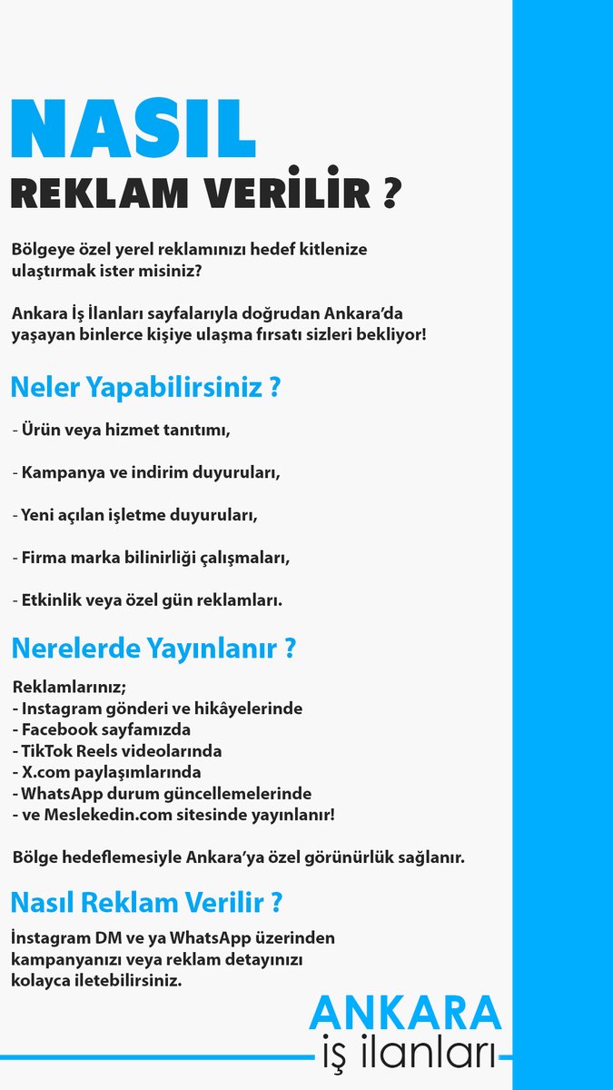 ankaraisilanim's tweet photo. Kampanyanı yada markanı tanıtmak mı istiyorsun?

📢Ürün/Hizmet tanıtımı, açılış duyurusu, etkinlik reklamı.

🔹Reklamların;
- Instagram gönderi ve hikâyelerde
- Facebook ve TikTok sayfamızda
- X (Twitter), WhatsApp durumlarında
- ve https://t.co/FNKkhMdNSq’da yayınlanıyor! https://t.co/Tcv5mWX6ob