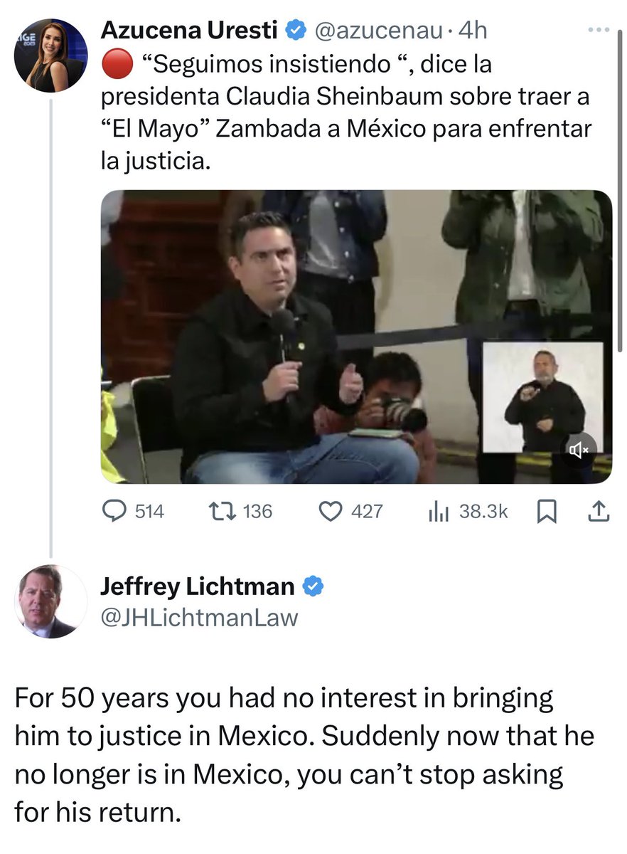 BravoLucy's tweet image. Abogado de Ovidio Guzmán
@JHLichtmanLaw responde a Claudia Sheinbaum sobre la extradición de “El Mayo” a México.
“Durante 50 años no tuvieron interés en llevarlo ante la justicia en México. De repente, ahora que ya no está en México, no puede dejar de pedir su regreso”, dijo.