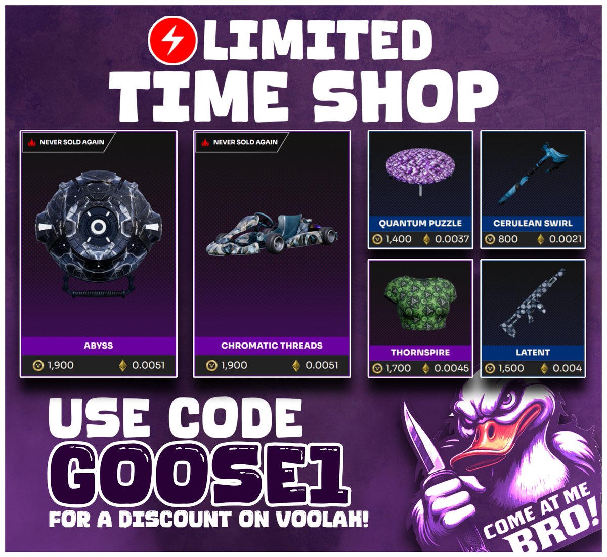 0x_Goose's tweet image. ⚡️ New Limited Time Shop..                                            
Code [GOOSE1] for a discount on Voolah!
@KOMPETEgame