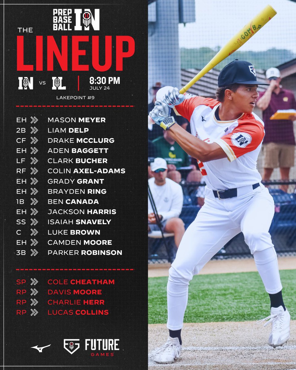 Prep Baseball Indiana (@prepbaseballin) on Twitter photo ๐ฃ๐ฎ๐ช๐ถ ๐๐ท๐ญ๐ฒ๐ช๐ท๐ช ๐๐ฒ๐ท๐ฎ๐พ๐น
Starting lineup & batting order for tonightโs matchup under the lights vs <a href="/PrepBaseballIL/">Prep Baseball Illinois</a>โผ๏ธ
โฐ 8:30 PM
๐ LP #9
๐บ loom.ly/FUKSOWg
Cole Cheatham gets the ball to start.
#TeamIndiana || #PBFG25 ๐ฃ๐ฎ๐ช๐ถ ๐๐ท๐ญ๐ฒ๐ช๐ท๐ช ๐๐ฒ๐ท๐ฎ๐พ๐น
Starting lineup & batting order for tonightโs matchup under the lights vs <a href="/PrepBaseballIL/">Prep Baseball Illinois</a>โผ๏ธ
โฐ 8:30 PM
๐ LP #9
๐บ loom.ly/FUKSOWg
Cole Cheatham gets the ball to start.
#TeamIndiana || #PBFG25