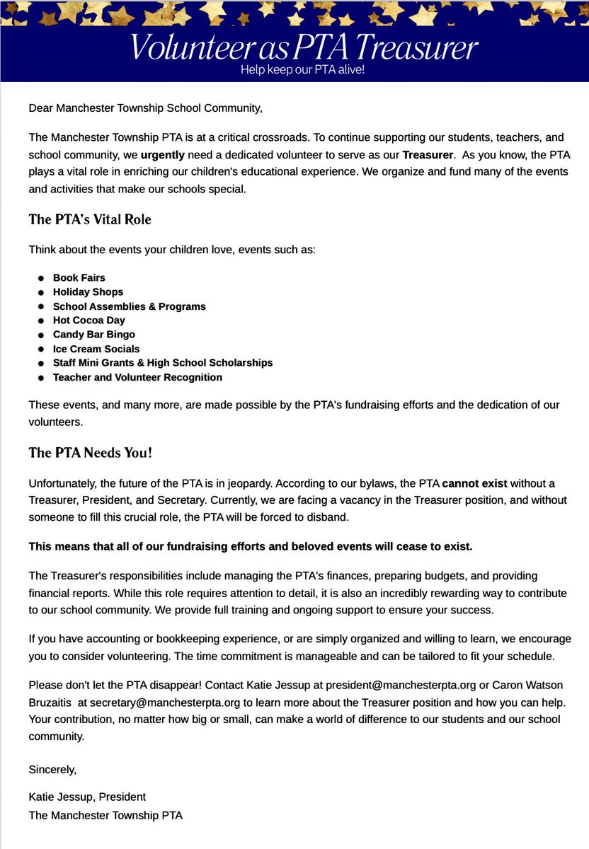 IMPORTANT INFORMATION!  THE MANCHESTER PTA NEEDS YOU! PLEASE SHARE!

If the Manchester Township PTA does not find someone to take over as TREASURER the PTA must be disbanded! That means we would not be able to provide any of the programs and support that we usually do.