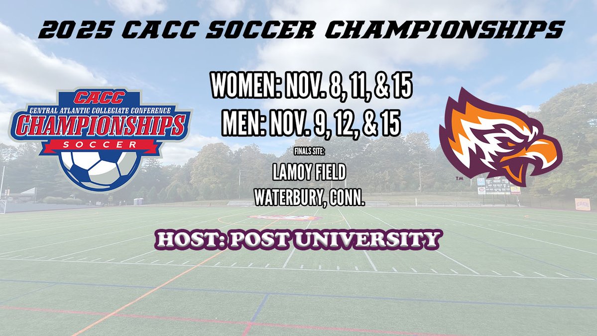 CACC01's tweet image. .@GoPostEagles has been selected to host the 2025 #CACC Men's and Women's Soccer Championship finals.
caccathletics.org/news/2025/7/24…