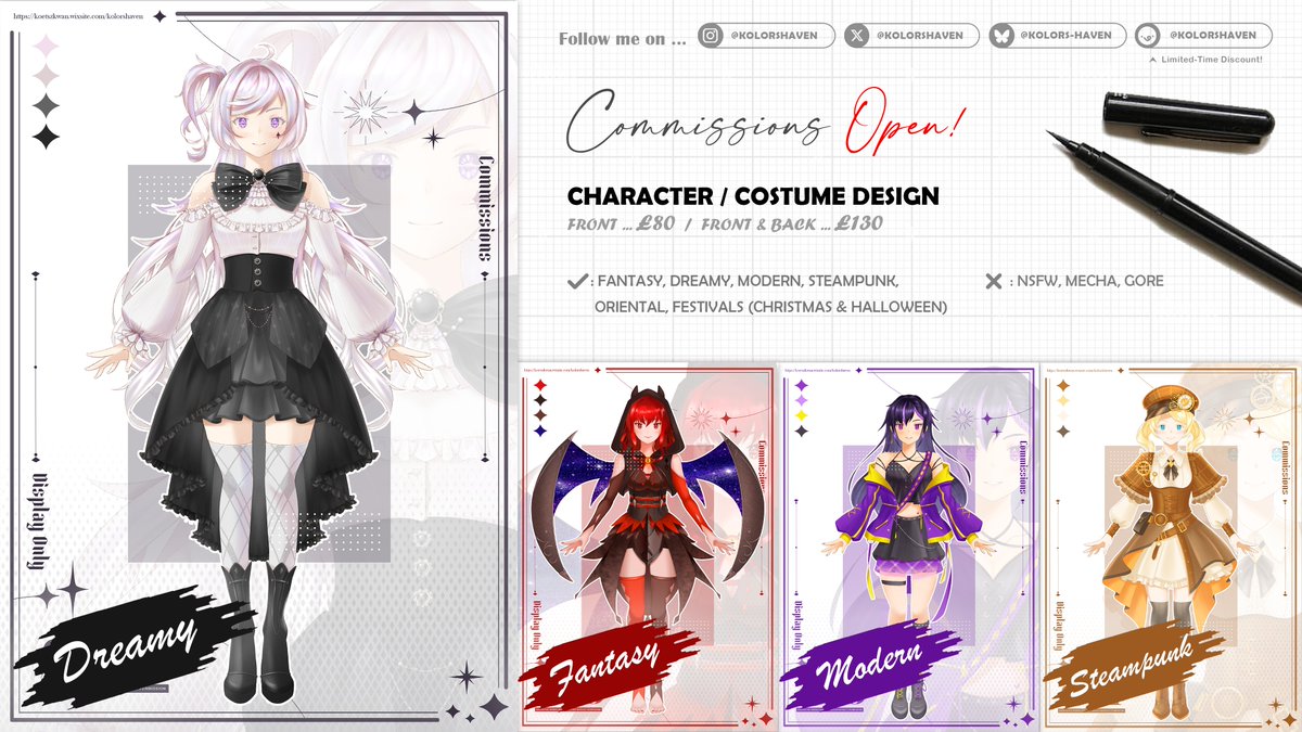 kolorshaven's tweet photo. 🌟 COMMISSIONS OPEN 🌟
Feel free to contact me for commissions!
Please read all terms &amp; conditions before ordering.

#commissions #illustration #costumedesign #characterdesign #vgen https://t.co/CBdFCsmHOx