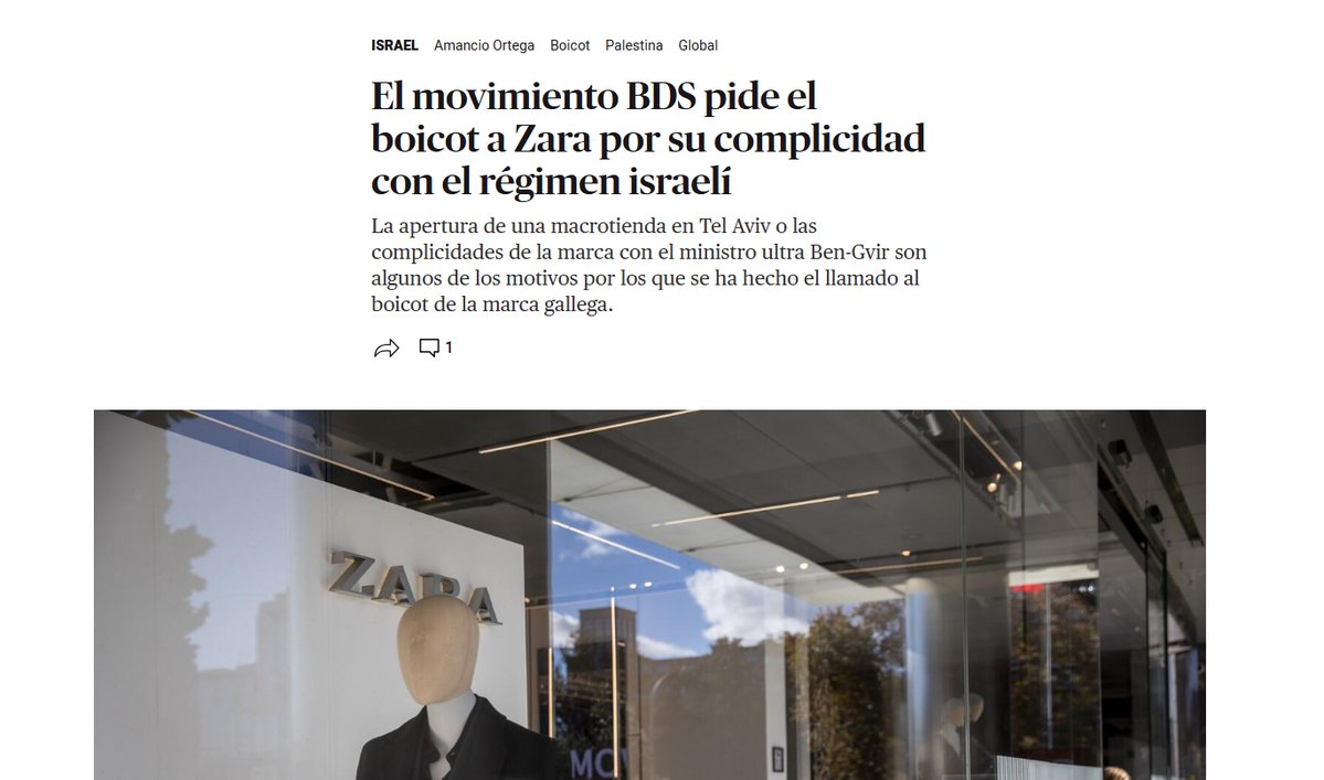 El oligarca Amancio Ortega ha abierto una tienda en el centro comercial más grande de Israel. Así apoya Inditex el genocidio al pueblo de Palestina. El movimiento BDS ha pedido un boicot mundial contra Zara por su complicidad con el régimen criminal de Israel.