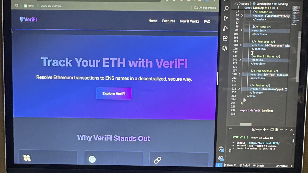 OperaFaboyinde's tweet photo. π Day 18 of #30DaysOf30Apps β
π VeriFI β Ethereum resolver
β
Check any ETH address
β
View transactions & ERC20 transfers
β
See ENS names instantly
π οΈ React βοΈ + Tailwind + ethers.js + Etherscan API
#VeriFI #Web3 #30DaysOfCode #BUIDLwithDLTAfrica https://t.co/vGuEdQ7nHW