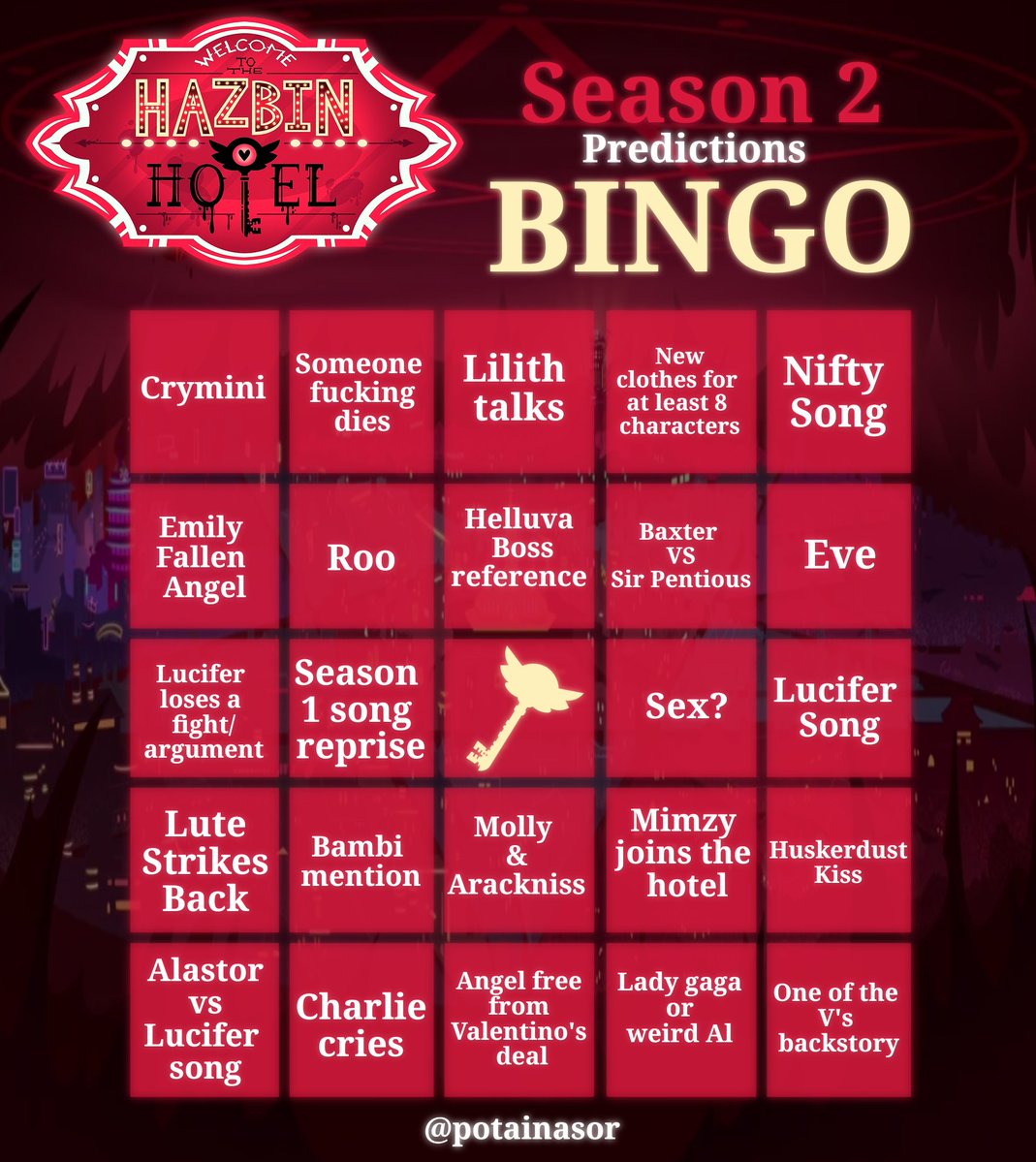 potainasor's tweet image. HAZBIN HOTEL SEASON 2 PREDICTION BINGO CARD!!

Everyone can download it and use it &amp;gt;:D

#vox #HazbinHotel #alastor #hellaverse #helluvaboss #hazbinhotelseason2bingo