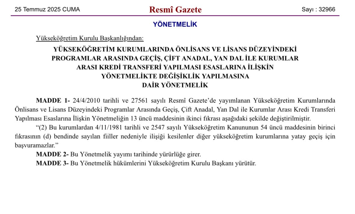 Üniversitelileri ilgilendirir. Resmi gazete
