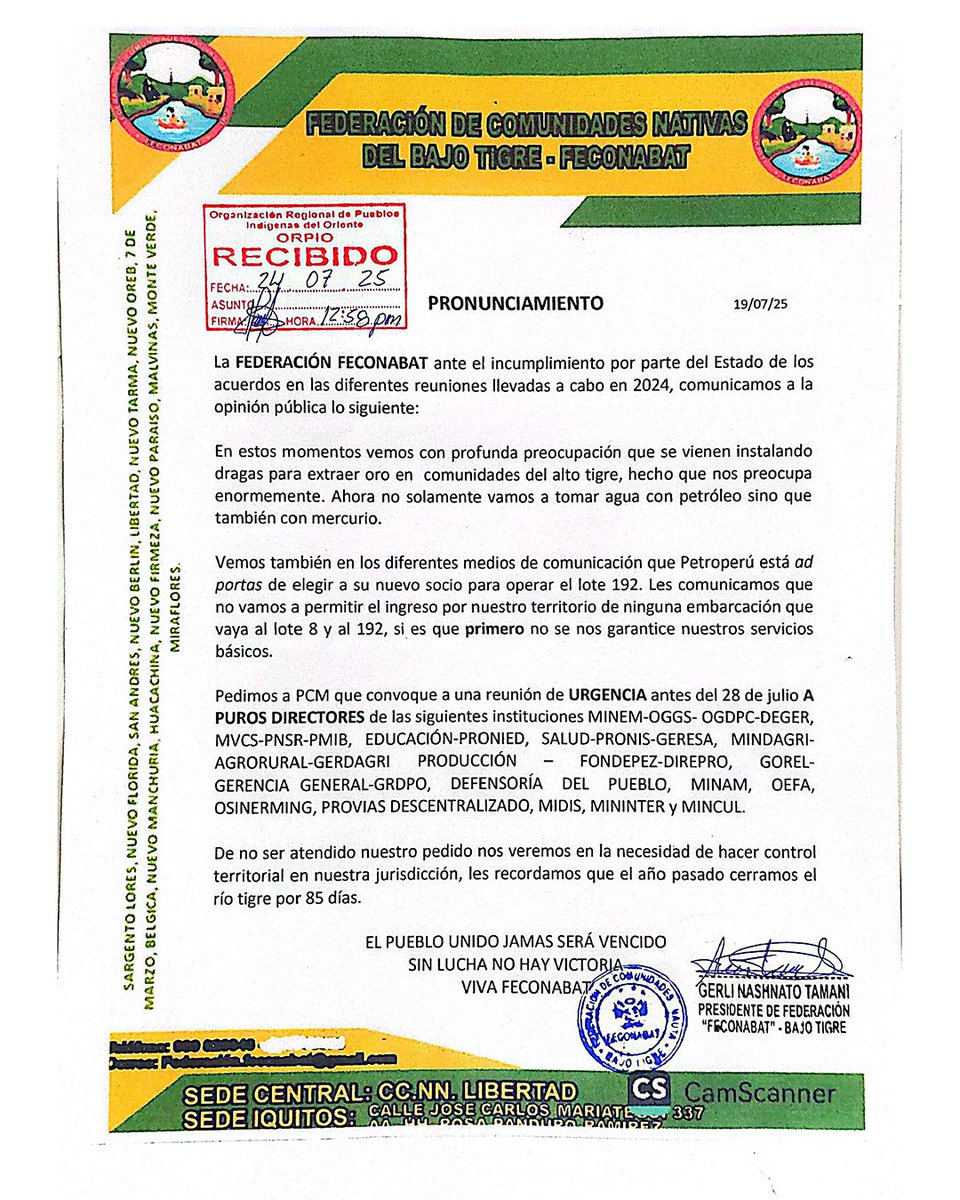 🔴 RESPALDAMOS A FECONABAT
“Ahora no solo quieren el petróleo, también vienen con mercurio” . La contaminación ya es una amenaza concreta para sus fuentes de agua y subsistencia que enfrentan por actividades ilícitas y operaciones extractivas sin consulta ni garantías.
