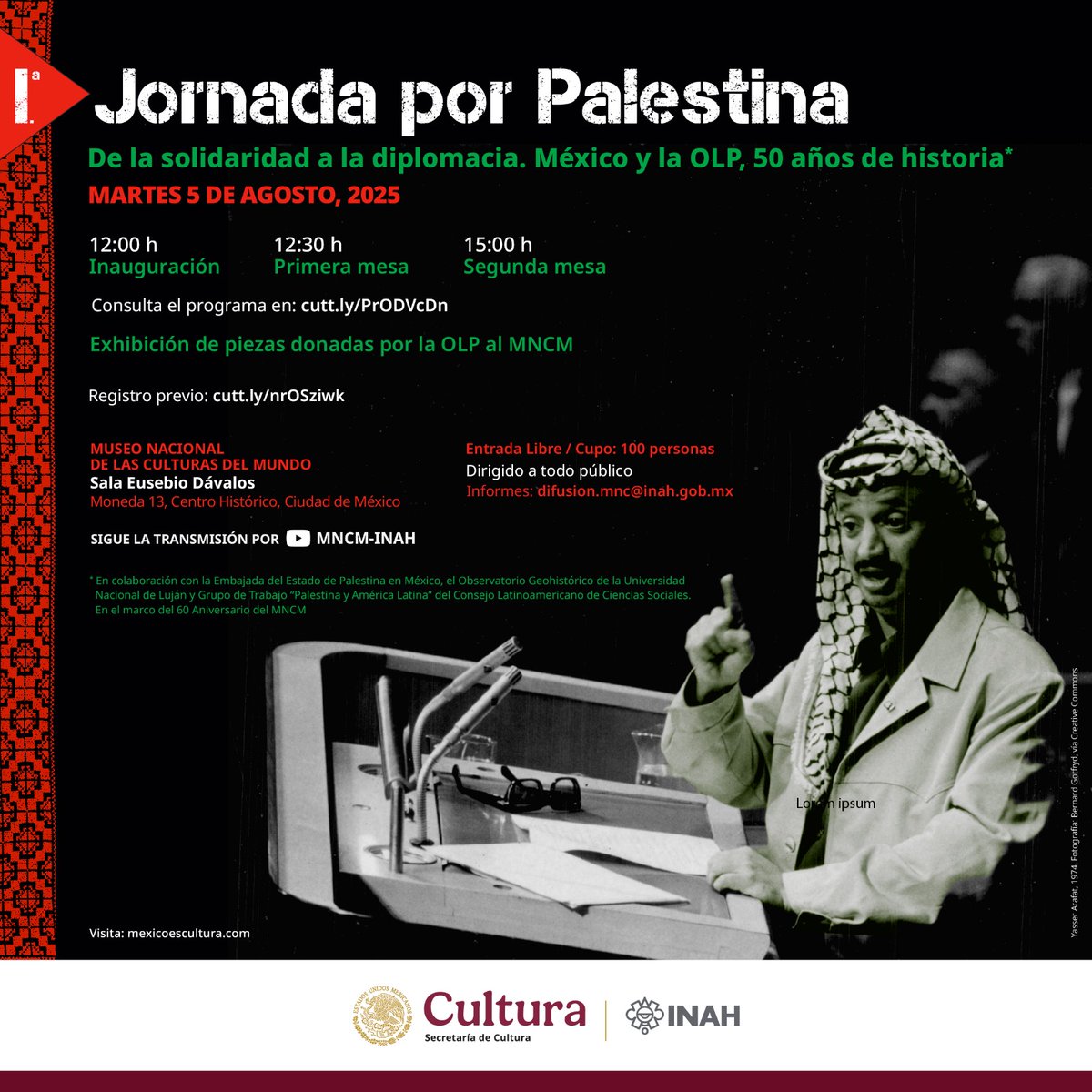 PalestineMX's tweet image. En el marco del 50 aniversario de relaciones entre Palestina y México 🇵🇸🇲🇽
"De la solidaridad a la diplomacia. México y la OLP, 50 años de historia", con la participación de la Embajadora Nadya Rasheed en @MuseoCulturas
🗓️5 de agosto, 12:00 h.
Programa en cutt.ly/PrODVcDn