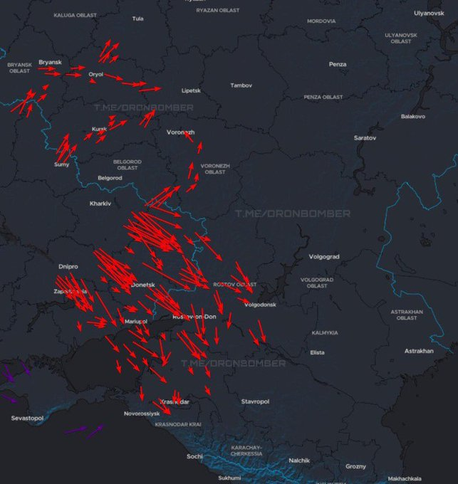 Strien9's tweet image. In Süd-RU geht gerade die Post ab - unruhige Nacht für die RU Fla
(Karte Dronebomber @DrnBmbr )